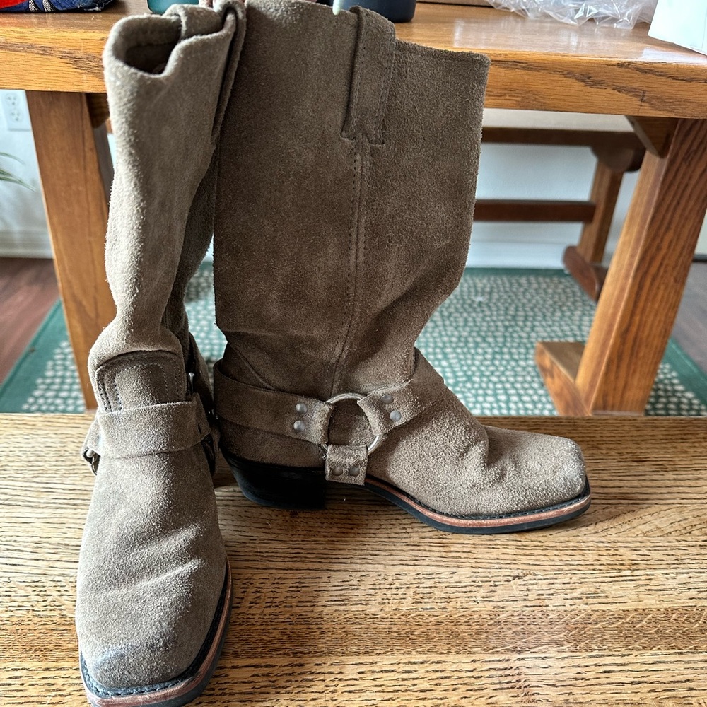 Frye tall distressed suede harness biker boots